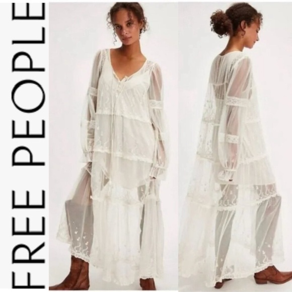 NWOT Free People Stevie Sheer Lace Ivory Maxi Dress xs - Picture 1 of 15